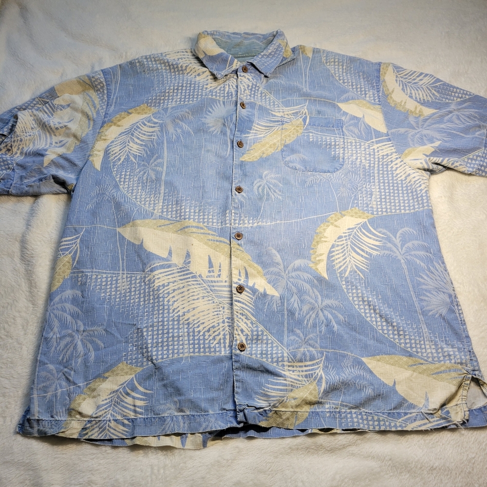 Tommy Bahama Shirt Men's 2XL Silk Short Sleeve Hawaiian Garden Plant Blue Brown